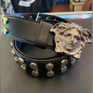 Versace Black Leather Belt with Silver Medusa Buckle and Studs